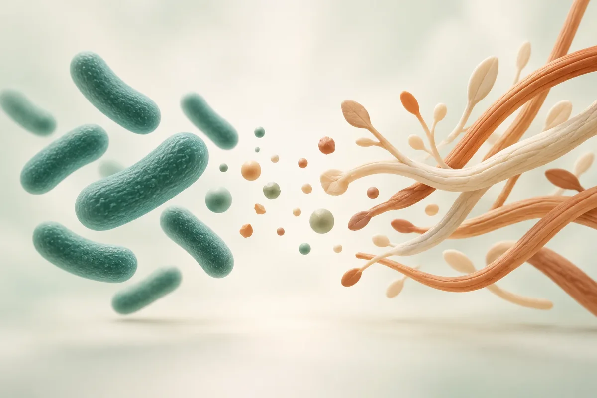 Conceptual illustration of teal microorganisms on the left and plant fibers on the right